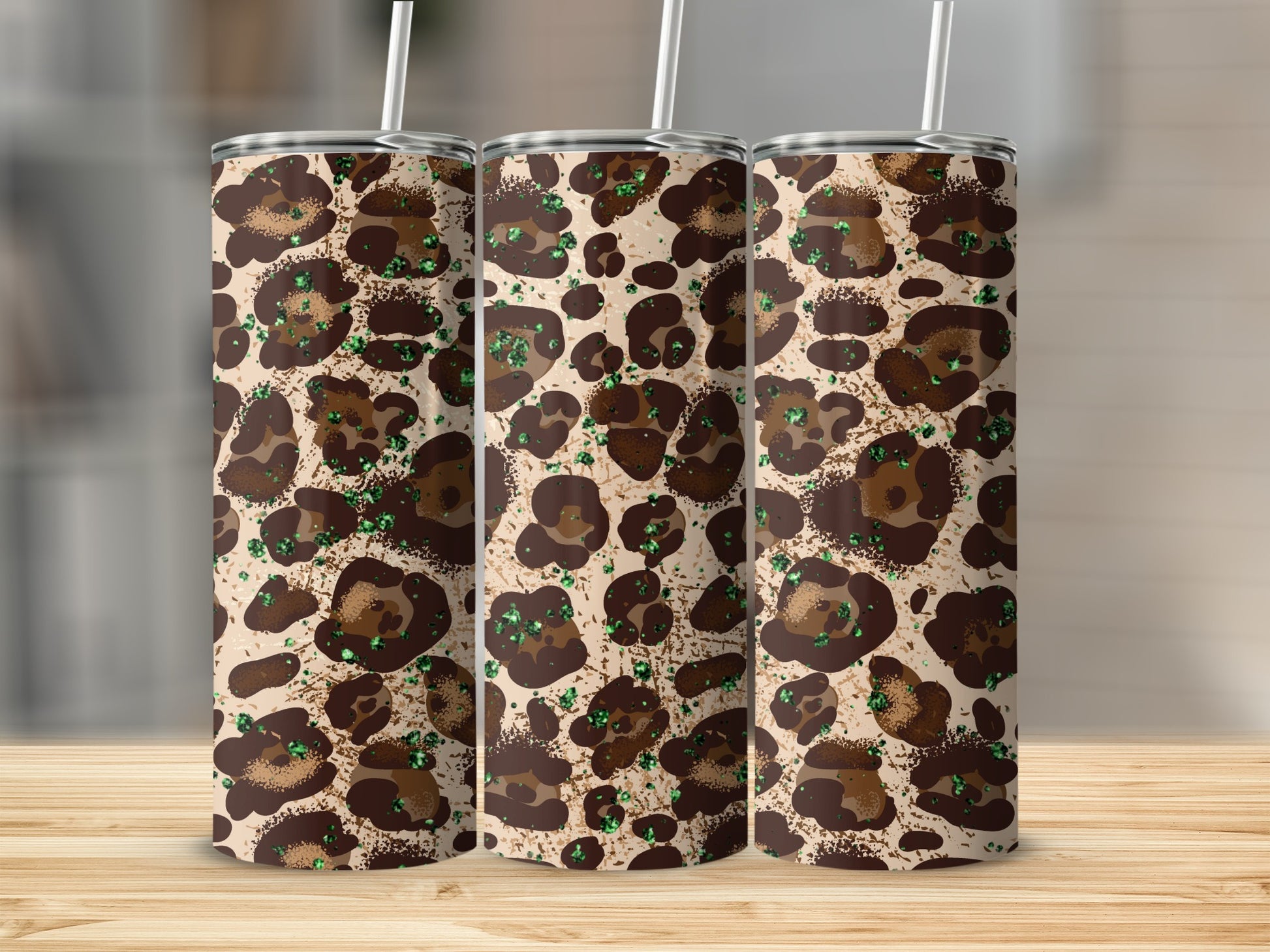 Brown and Green Leopard Print Tumbler Cup Design
