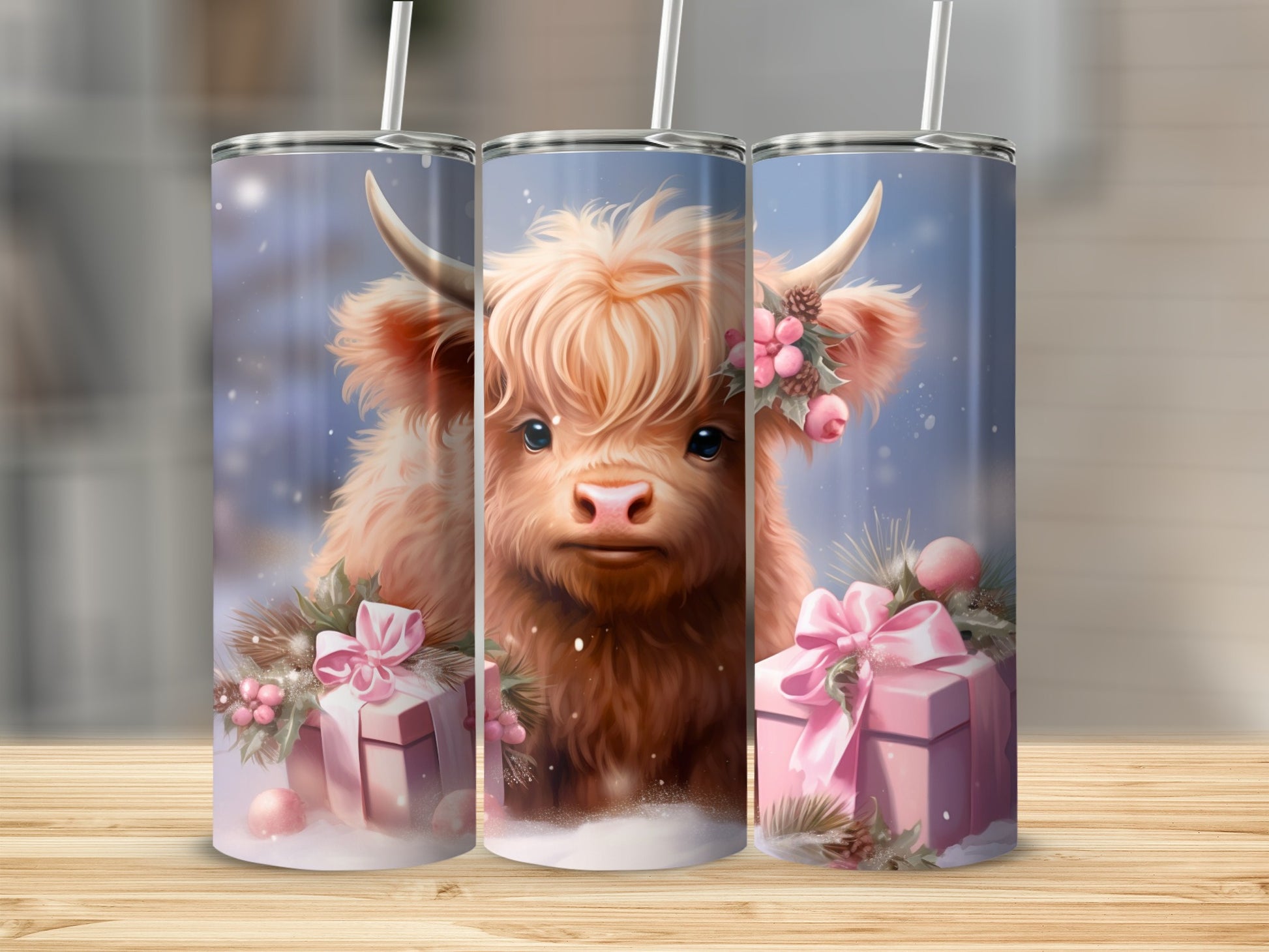 Cute Highland Cow with Pink Gifts Tumbler Design