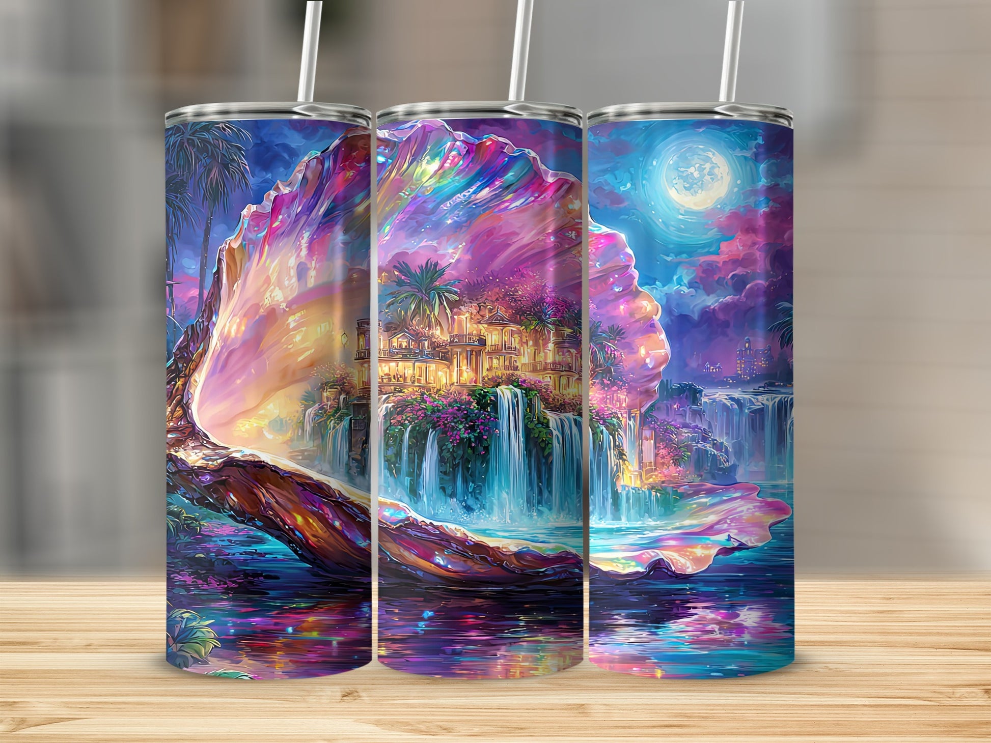Magical Waterfall and Moonlit Seashell Tumbler Product