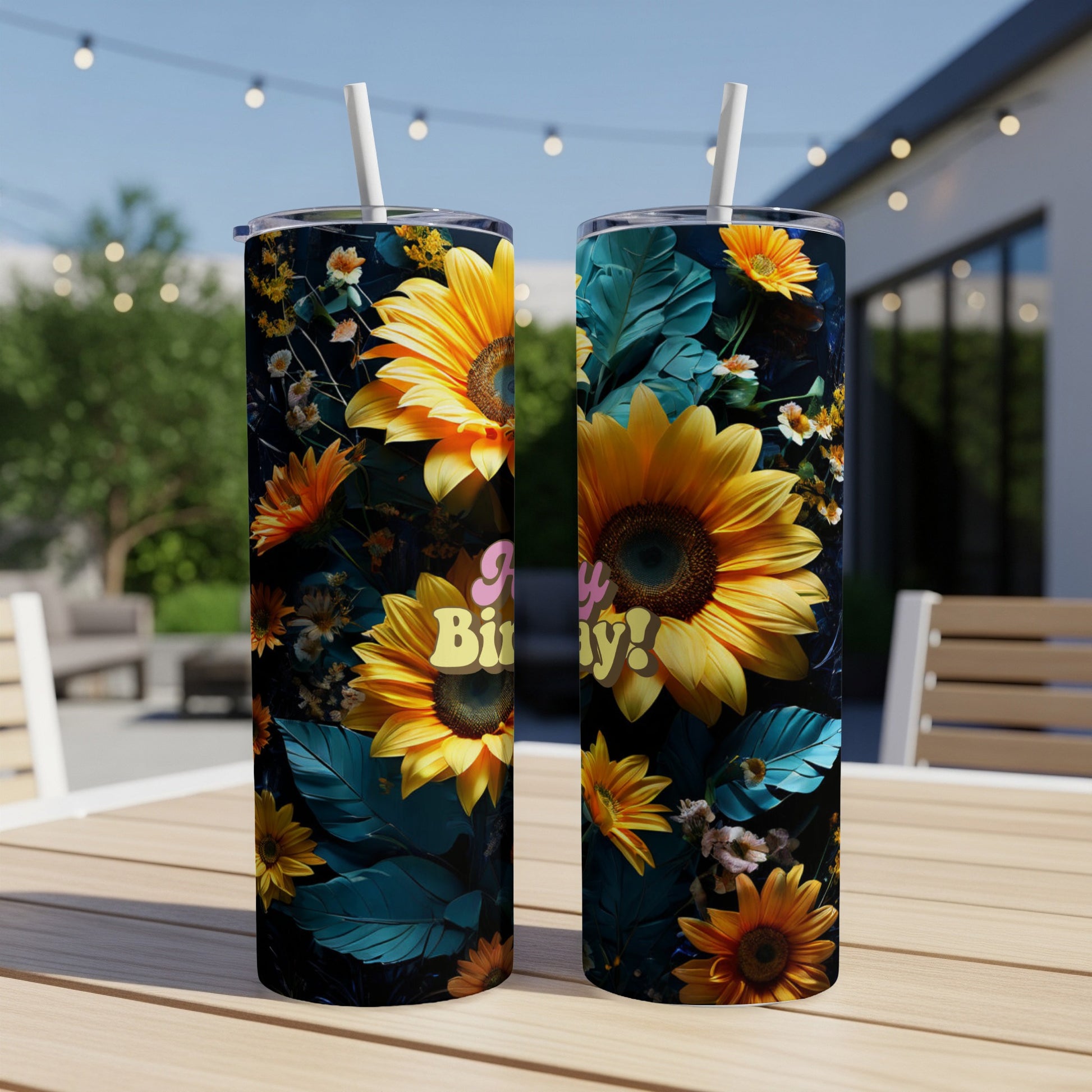 Two tumblers with sunflowers and "Happy Birthday!" text.