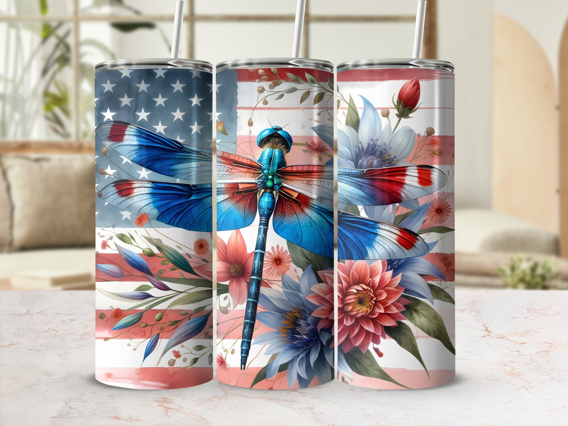 Three tall tumblers with American flag design and dragonfly motif.
