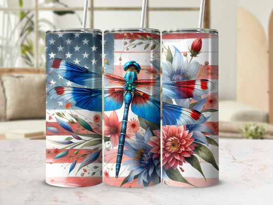 Three tall tumblers with American flag design and dragonfly motif.