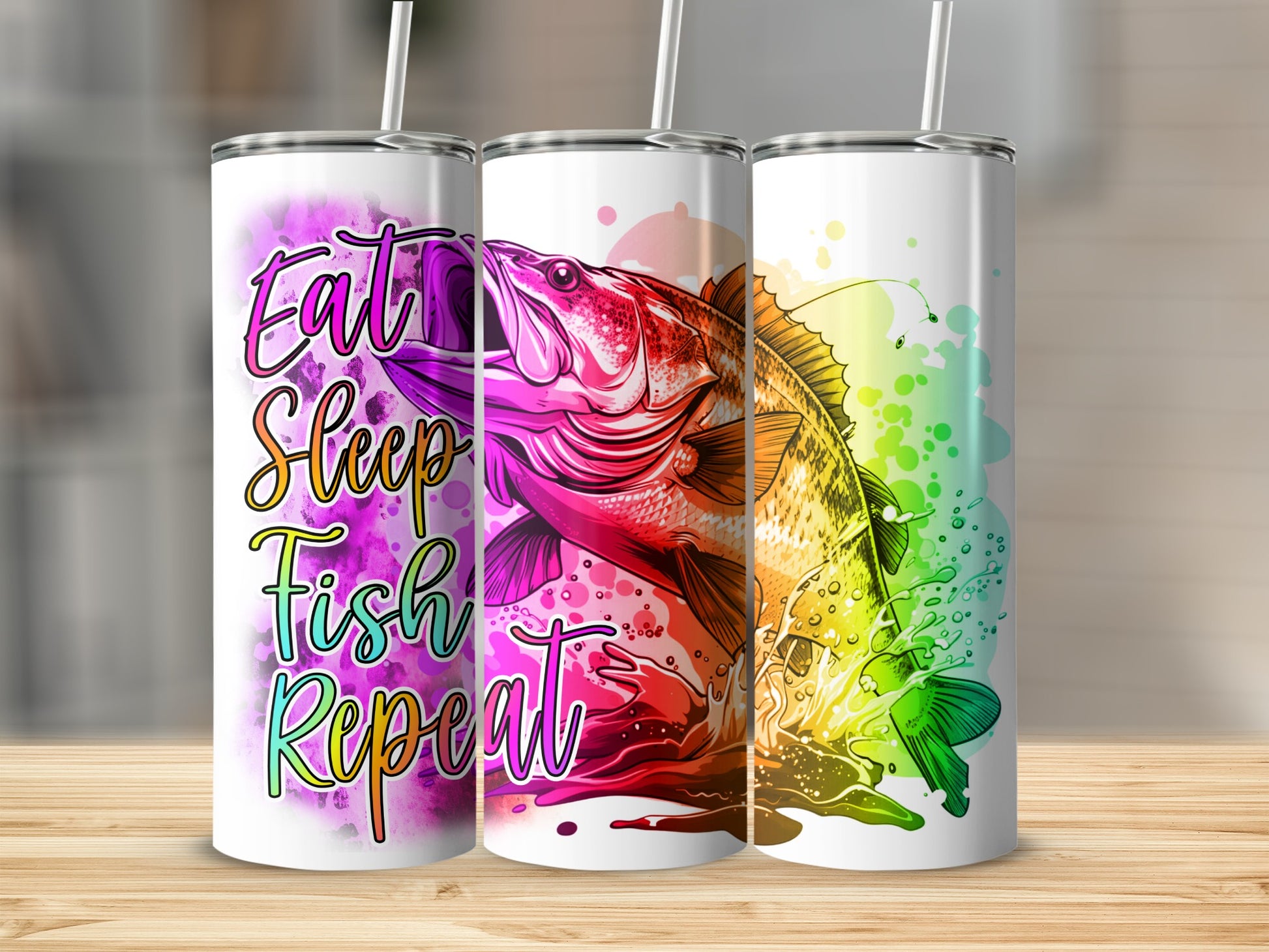Triptych of tumblers with "Eat Sleep Fish Repeat" and a colorful bass jumping.