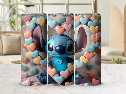 Adorable Blue Character with Colorful Hearts Tumbler