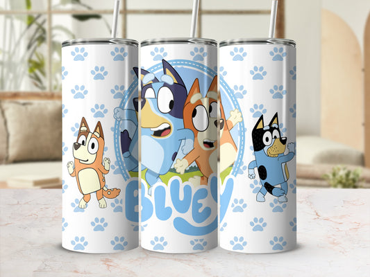 Bluey, Bingo, and Bandit characters on a white tumbler with paw prints.