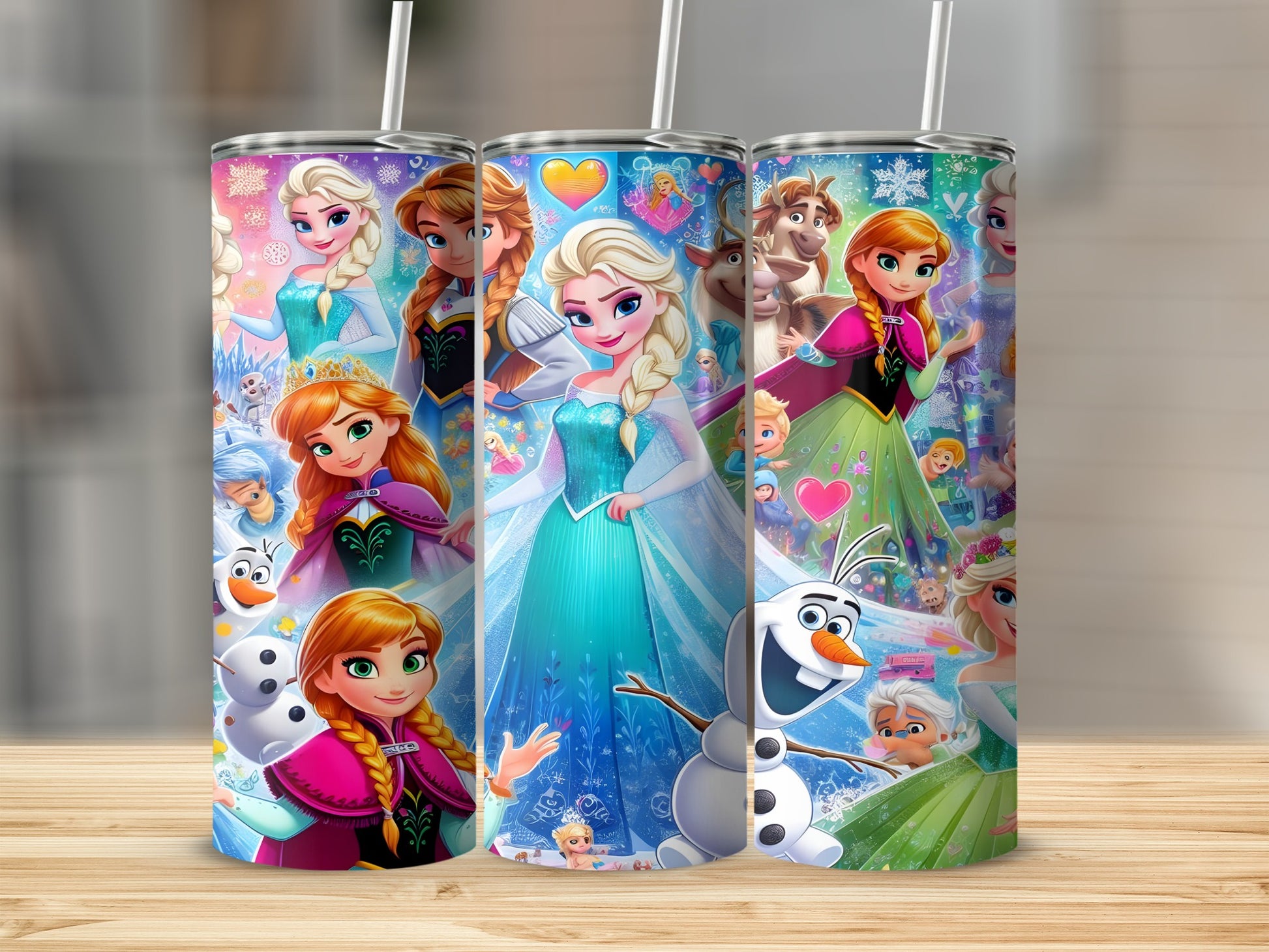 Tumbling Elsa, Anna, Olaf, and Kristoff characters from Frozen on a skinny tumbler.