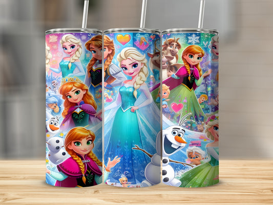 Tumbling Elsa, Anna, Olaf, and Kristoff characters from Frozen on a skinny tumbler.