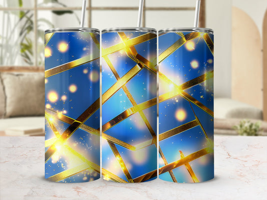 Three tumblers with a blue and gold abstract geometric pattern.