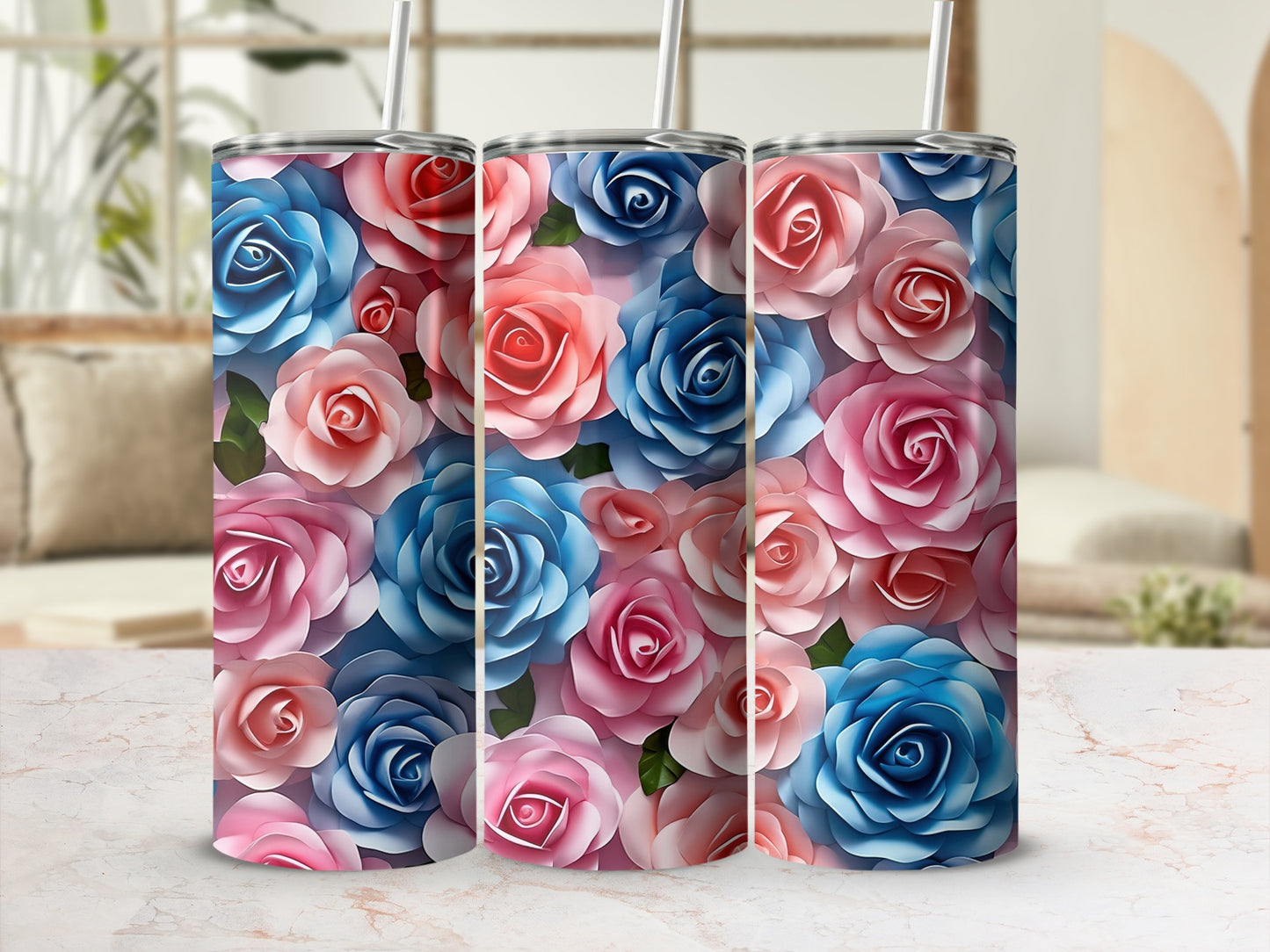Colorful Roses Design with Straw Tumbler Cup