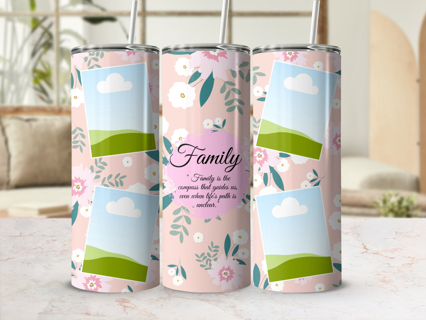 Three tumblers with floral print and quote "Family is the compass".