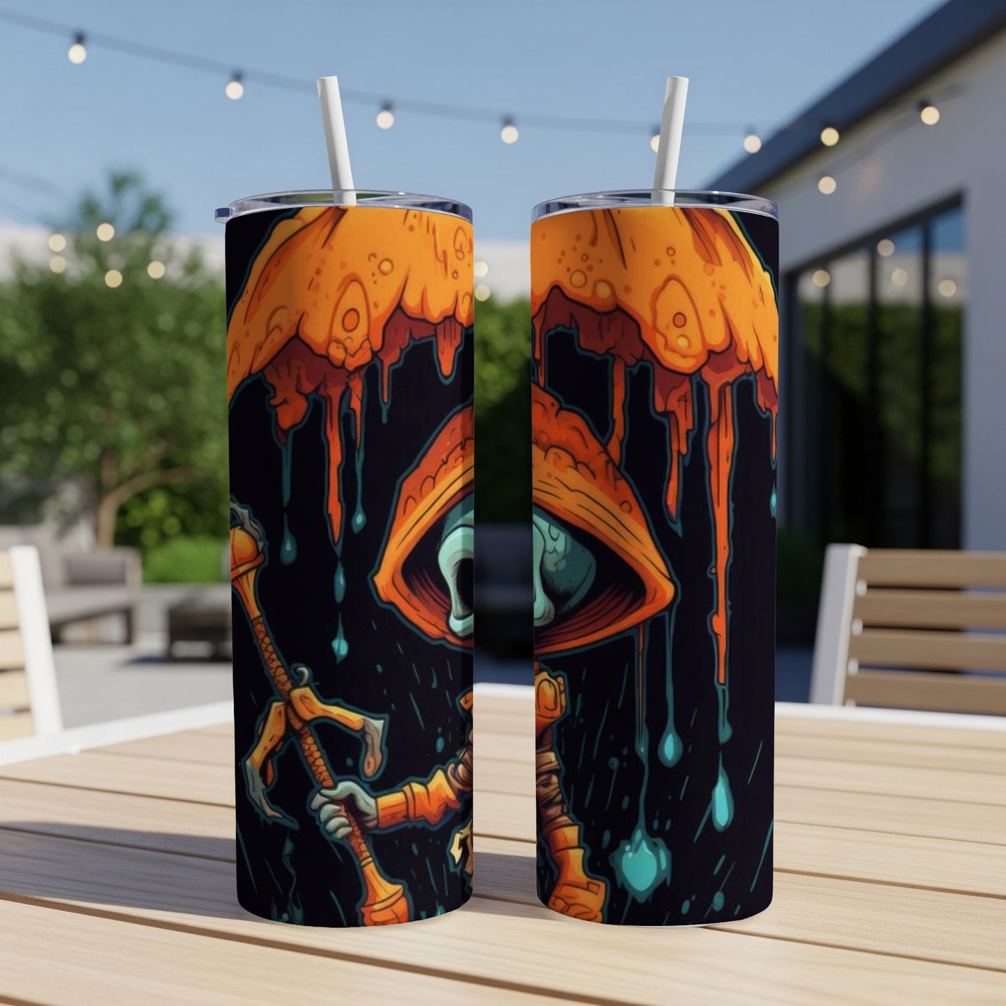 Two tumblers with a dripping orange umbrella and an eye character design.