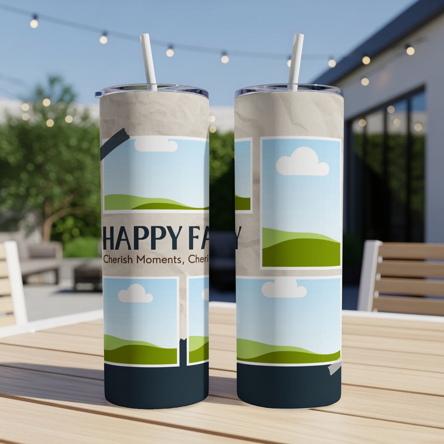 Tumbler with "Happy Family" text and landscape photo collage design.