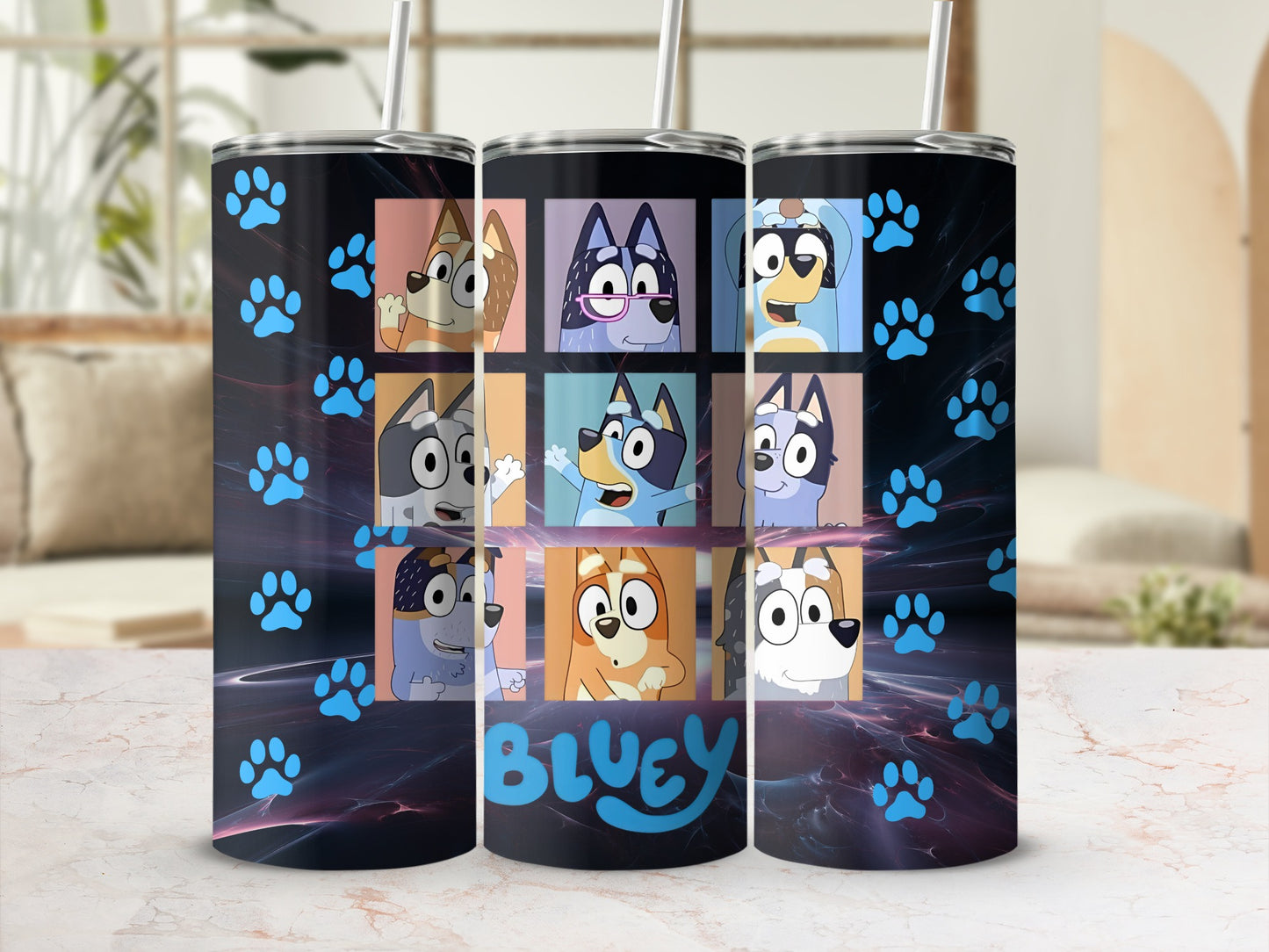 Bluey Themed Tumbler with Characters and Paw Prints