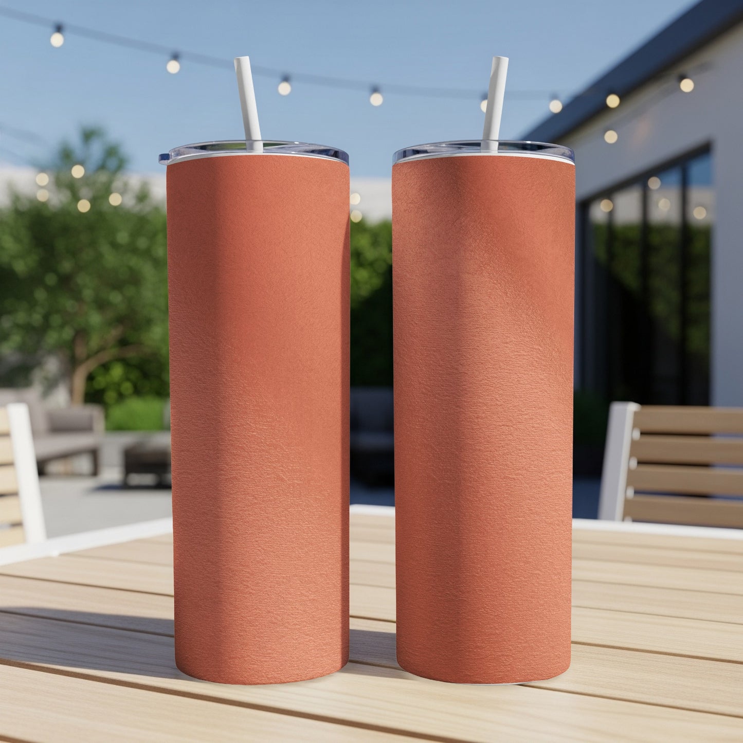 Two coral-colored tumblers with white straws sit on a wooden table outdoors.