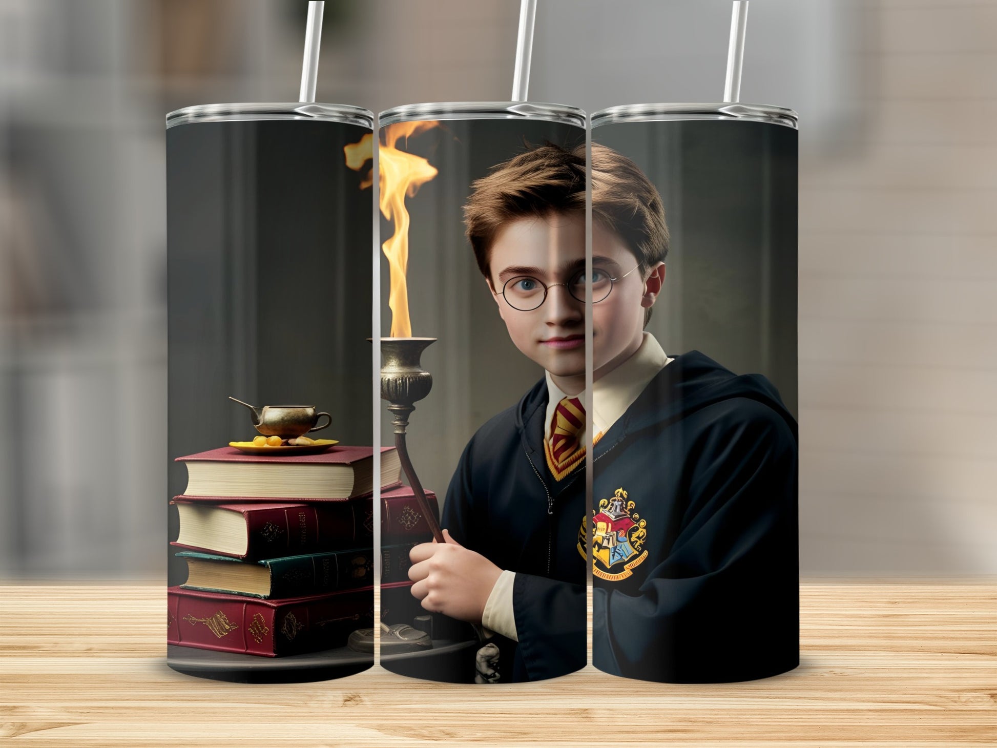 Harry Potter in Gryffindor robes holding a lit candle, stack of books.