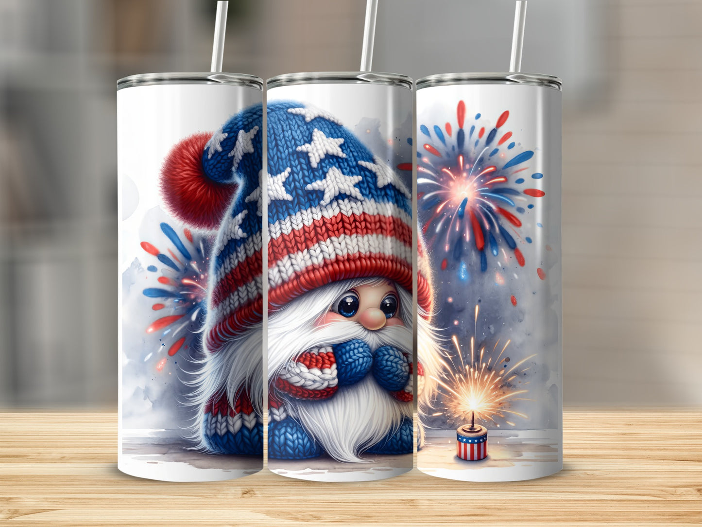 Gnome wearing patriotic hat with fireworks on a tumbler.