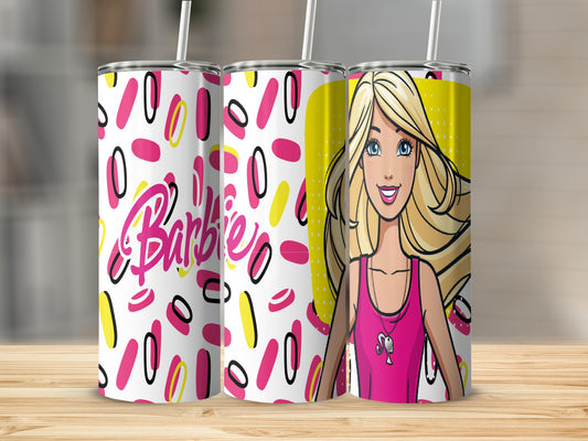 Barbie tumbler with pink, white, and yellow oval pattern.