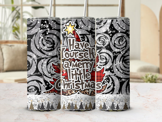 Glittery tumbler with "Have yourself a merry little Christmas" text and festive patterns.