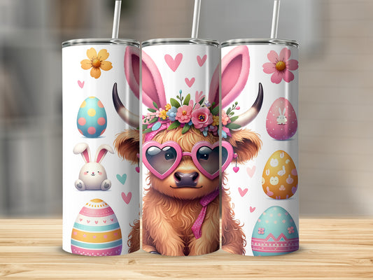 Easter Highland cow wearing bunny ears and heart sunglasses with colorful eggs.