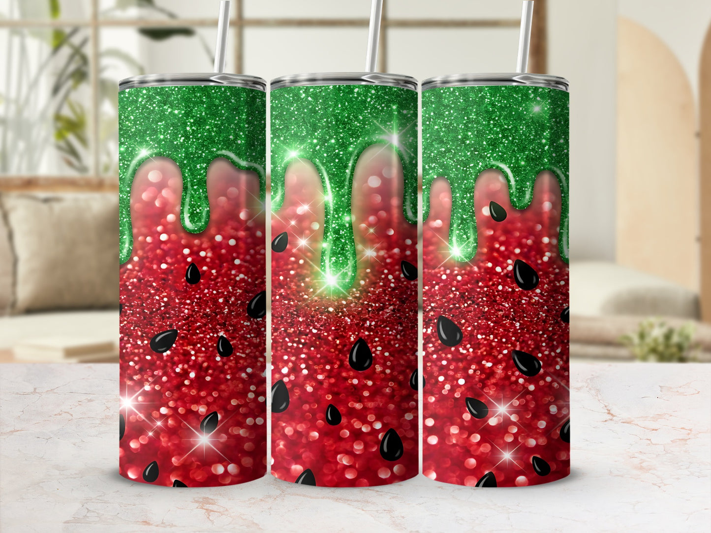 Three glittery tumblers with a red watermelon design and green drips.