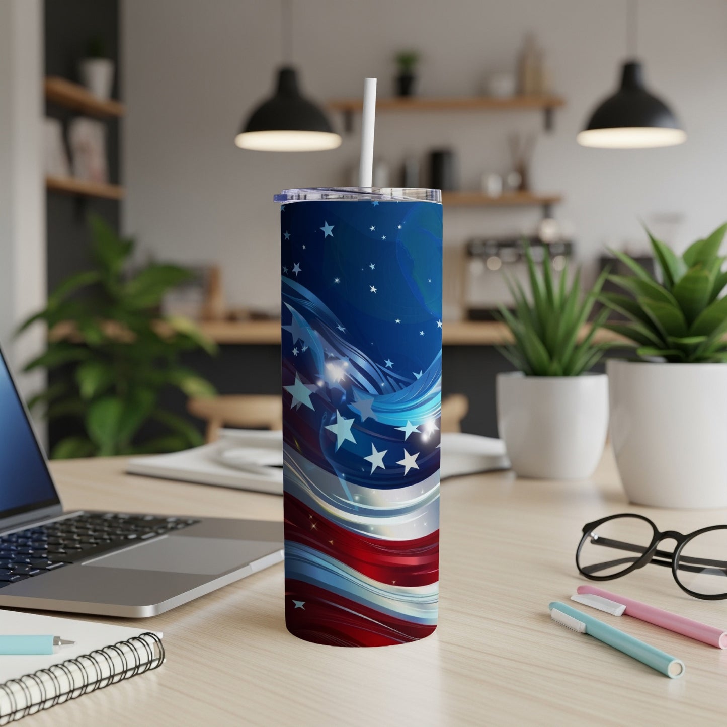 American flag themed tumbler with stars and blue, white, and red wavy stripes.