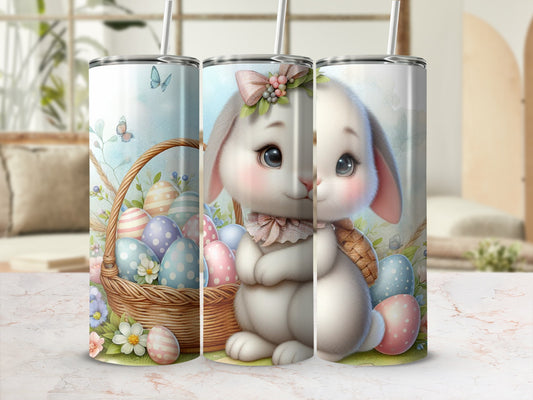 Easter bunny with basket of colorful eggs and butterflies.