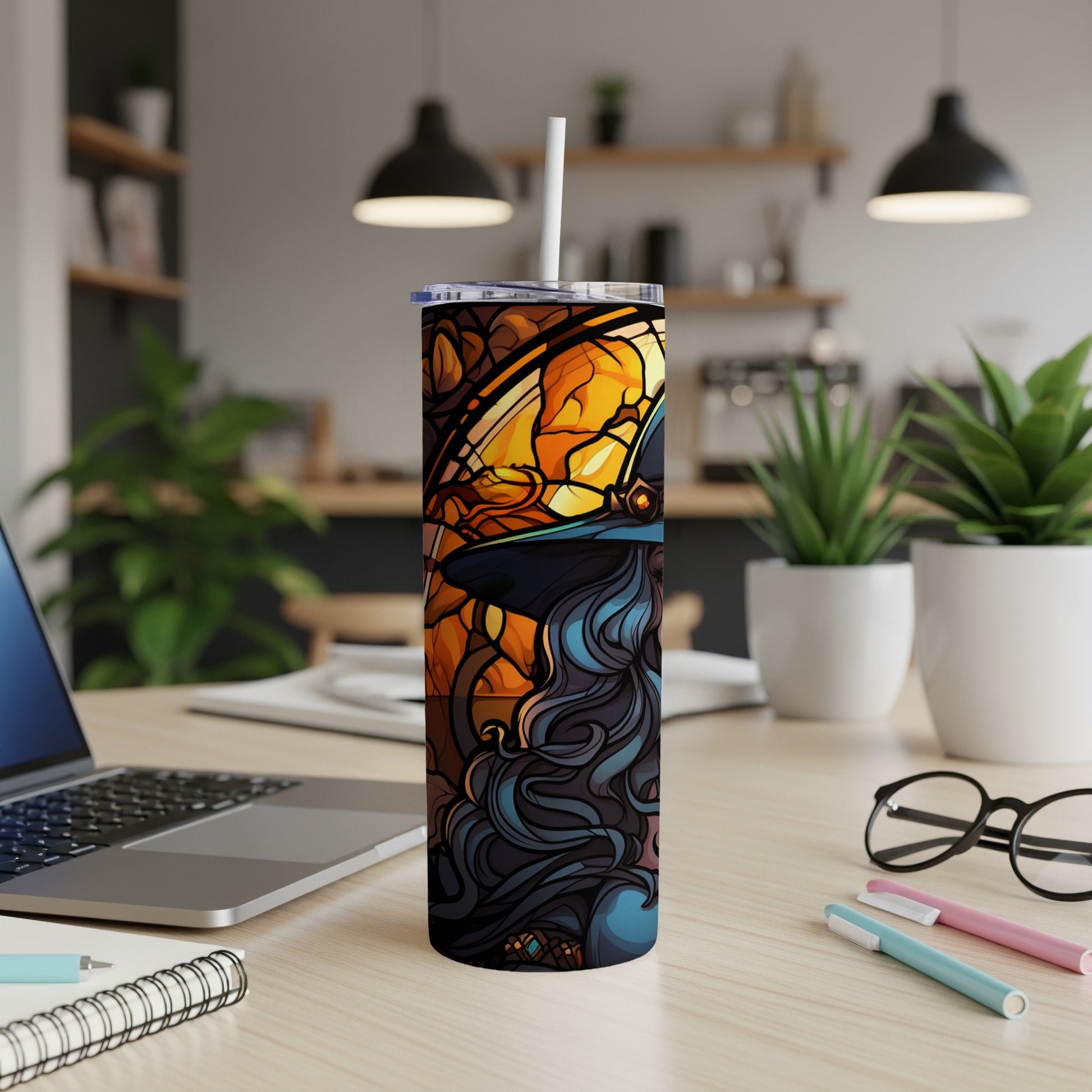Tall tumbler with stained-glass-style fantasy art design.