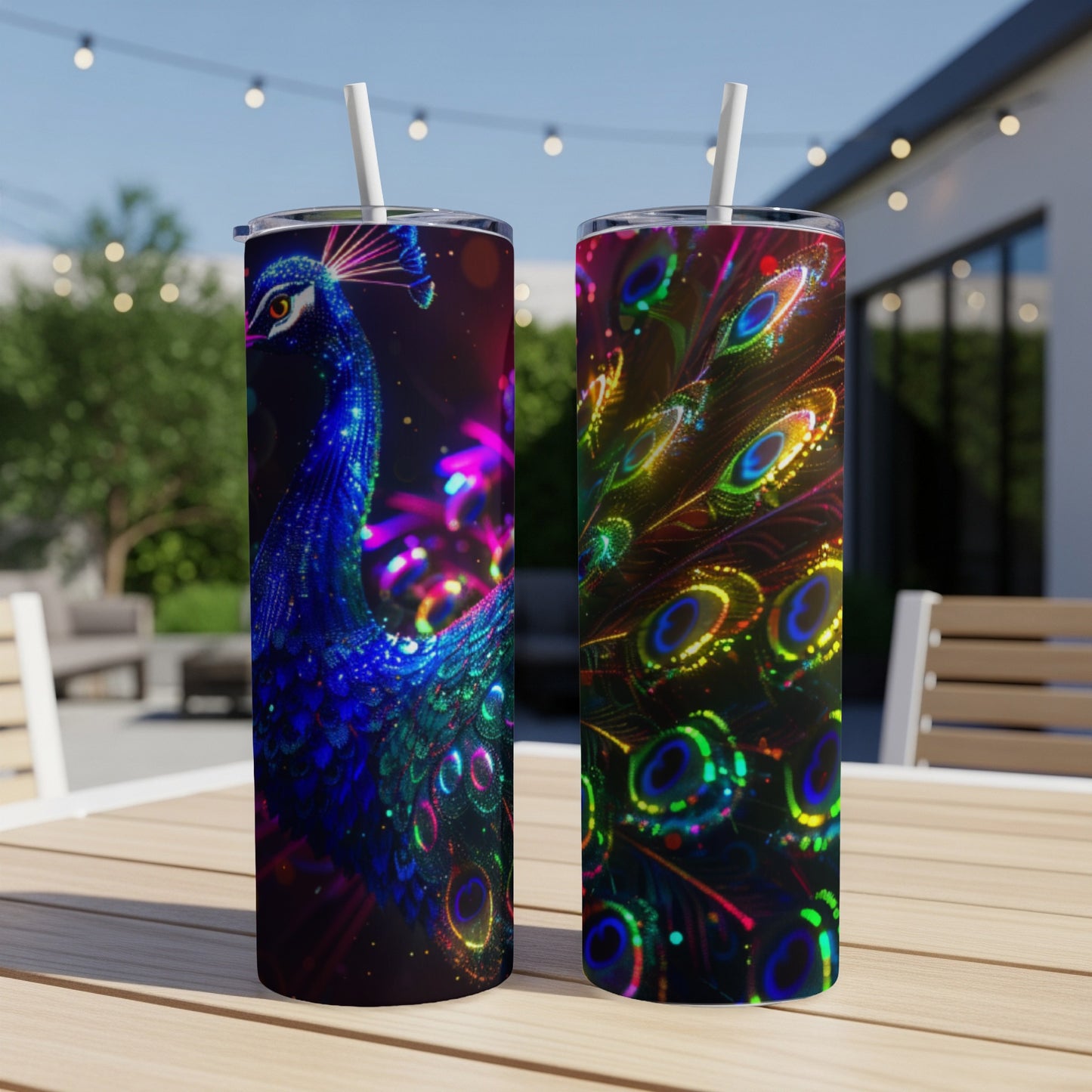 Two tumblers featuring a peacock and its colorful tail feathers.