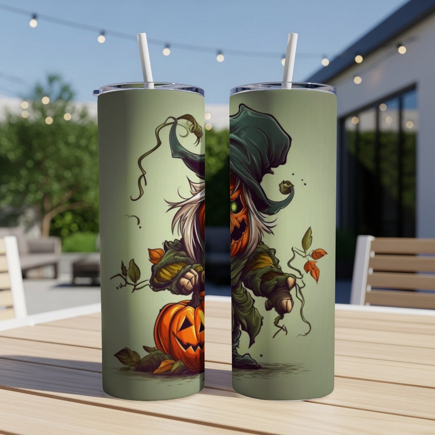 Two tumblers featuring a spooky jack-o'-lantern character in a witch's hat.
