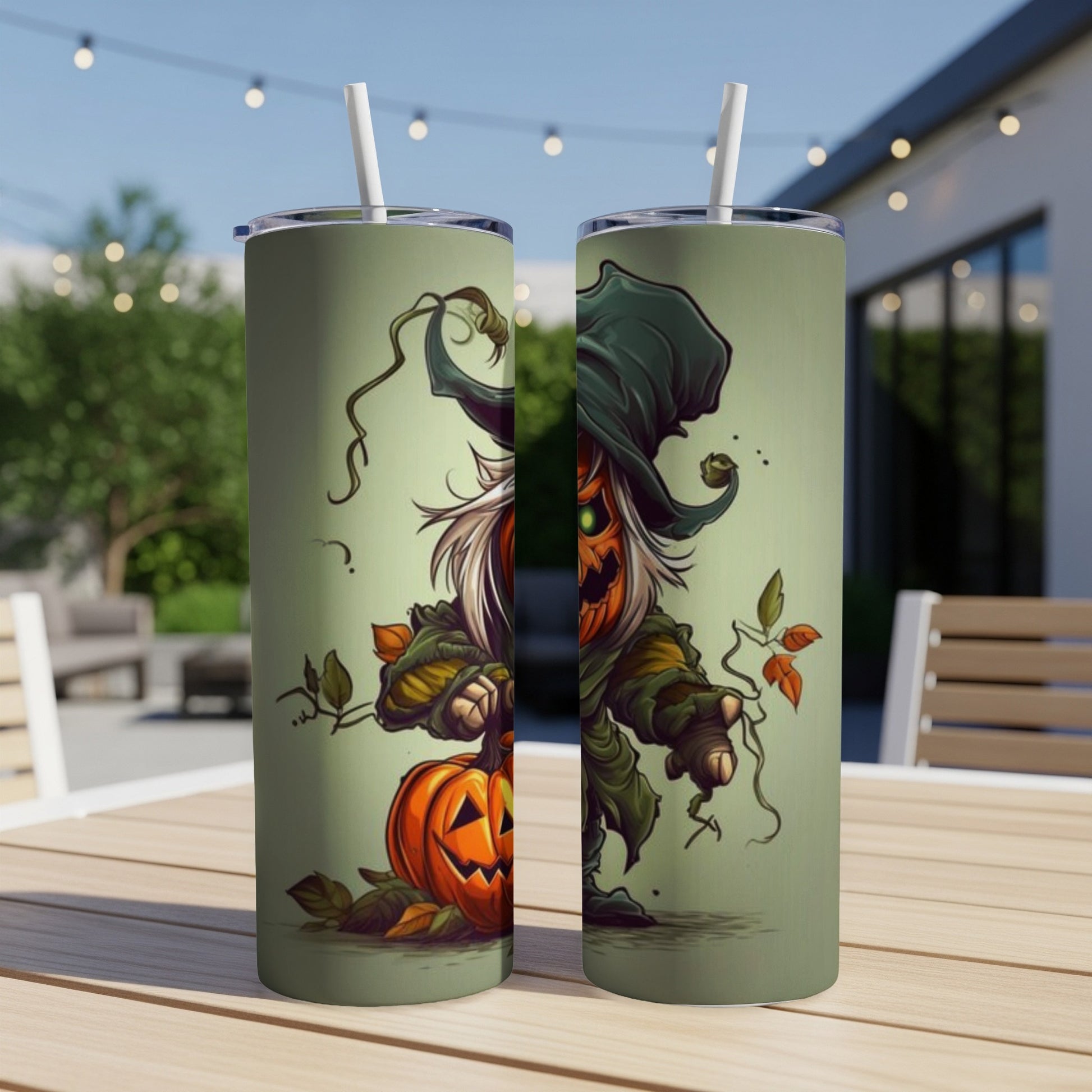 Two tumblers featuring a spooky jack-o'-lantern character in a witch's hat.