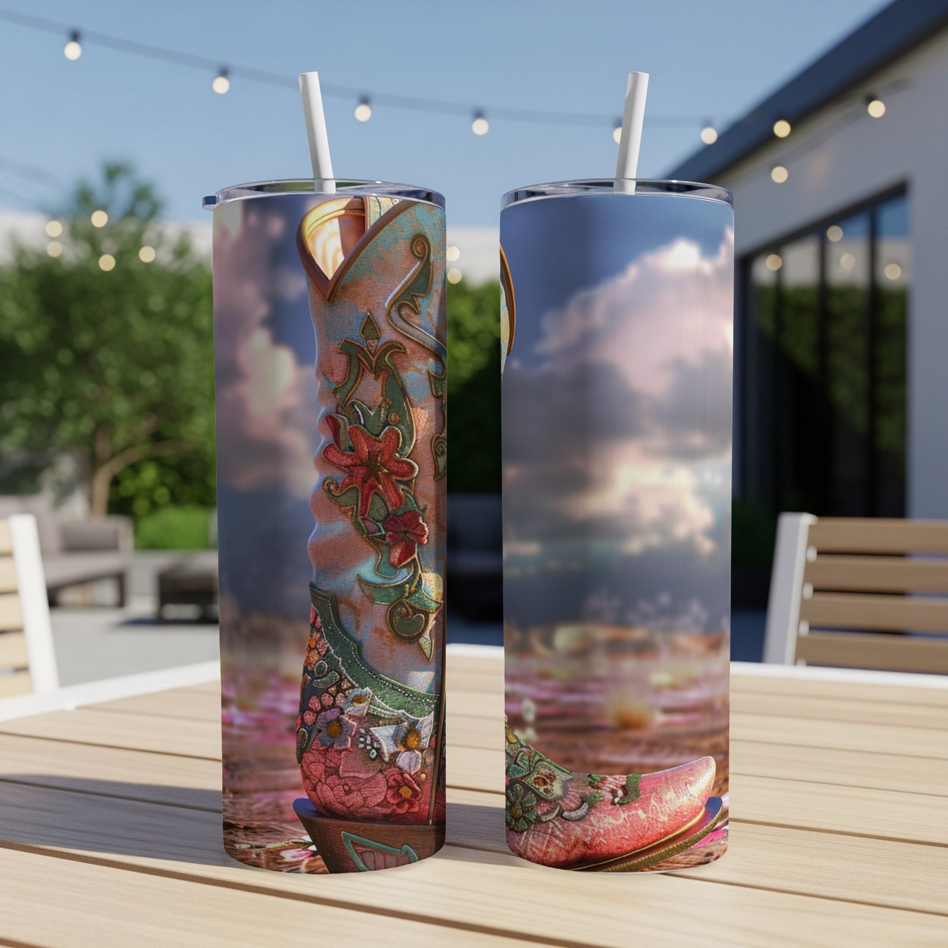Two cowboy boots with floral and celestial designs on a table outdoors.