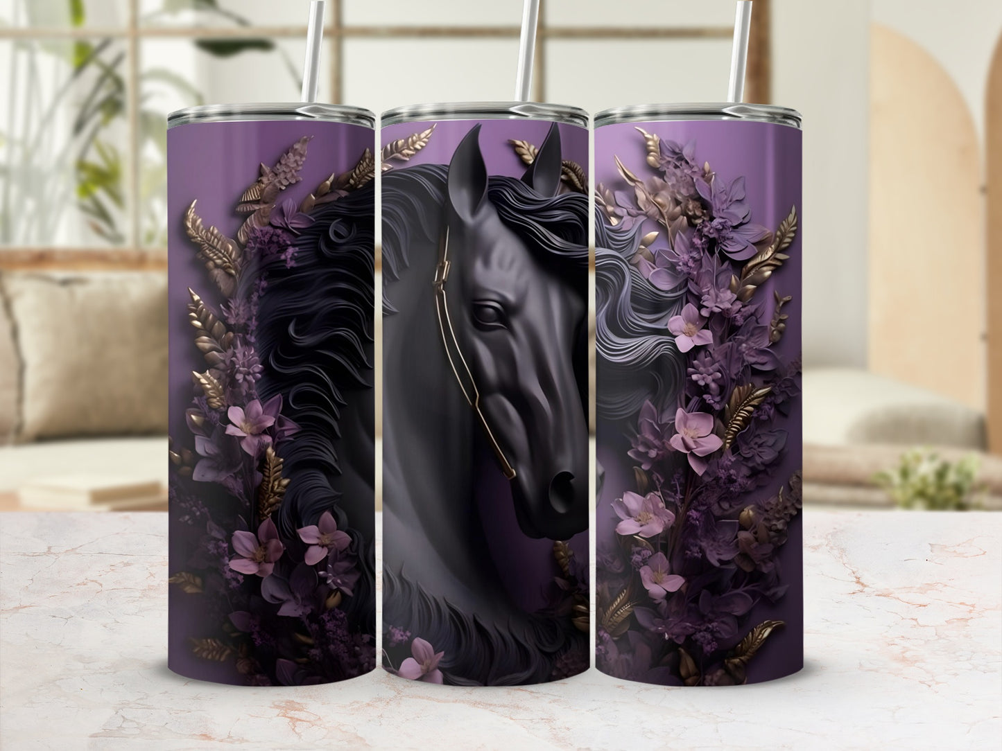 Majestic Horse and Flowers Purple Tumbler Design