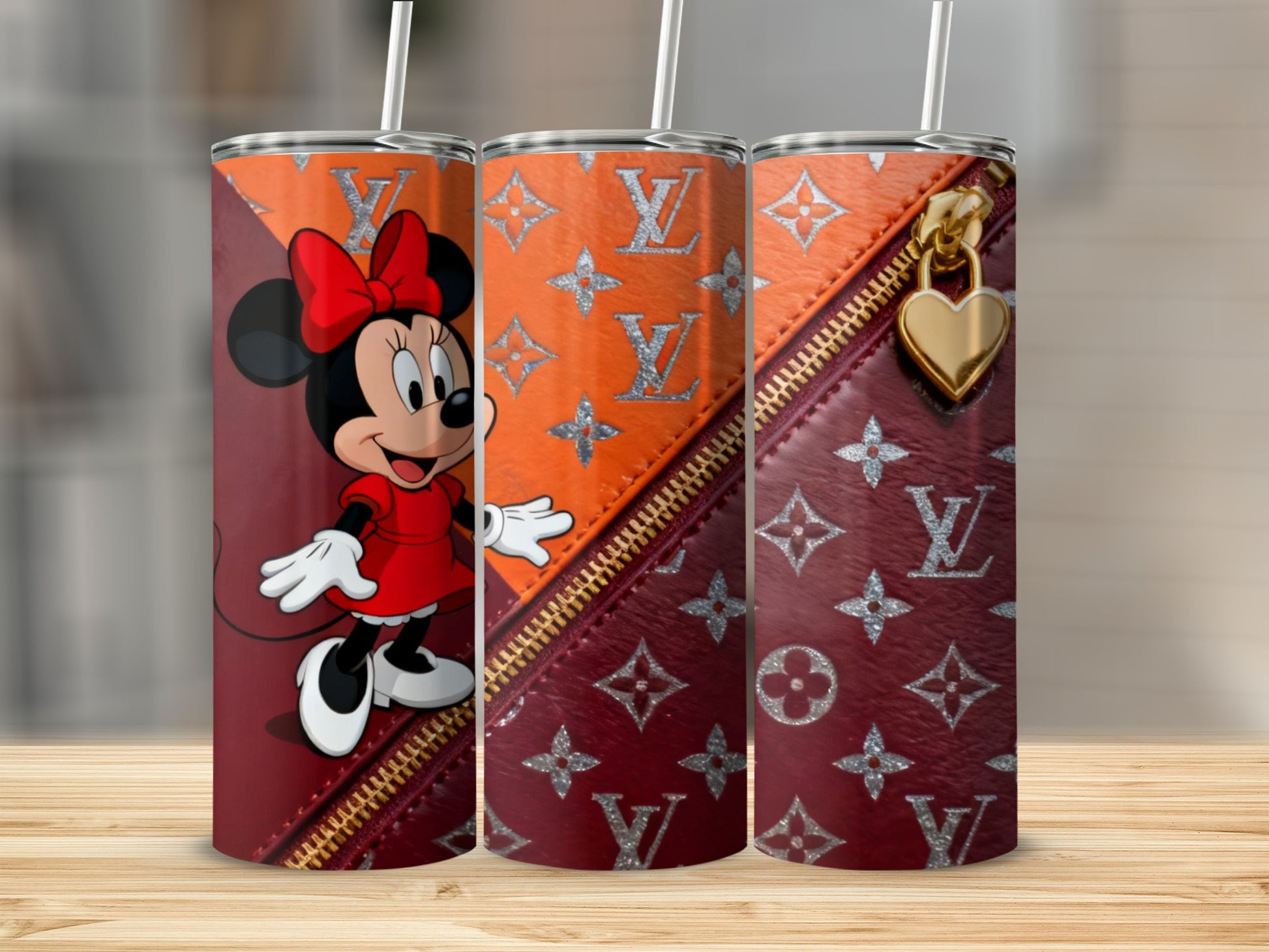 Minnie Mouse with LV pattern on tumbler, a close-up of LV pattern on tumbler.