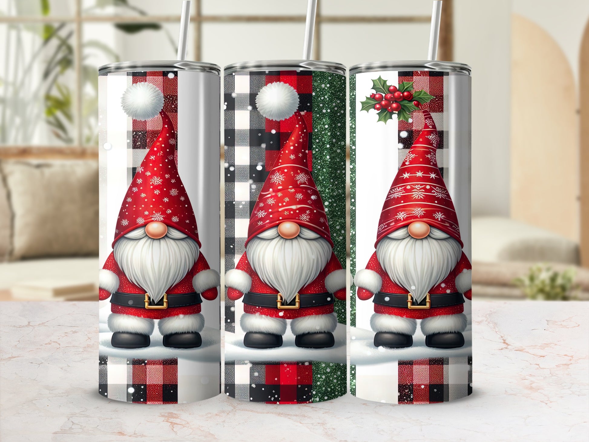 Three gnomes in Santa hats and red suits stand on snow against a plaid background.