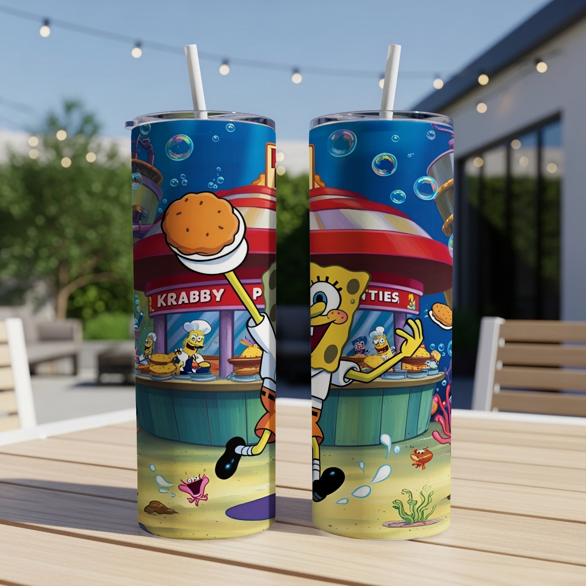SpongeBob SquarePants character holding a Krabby Patty at the Krusty Krab.