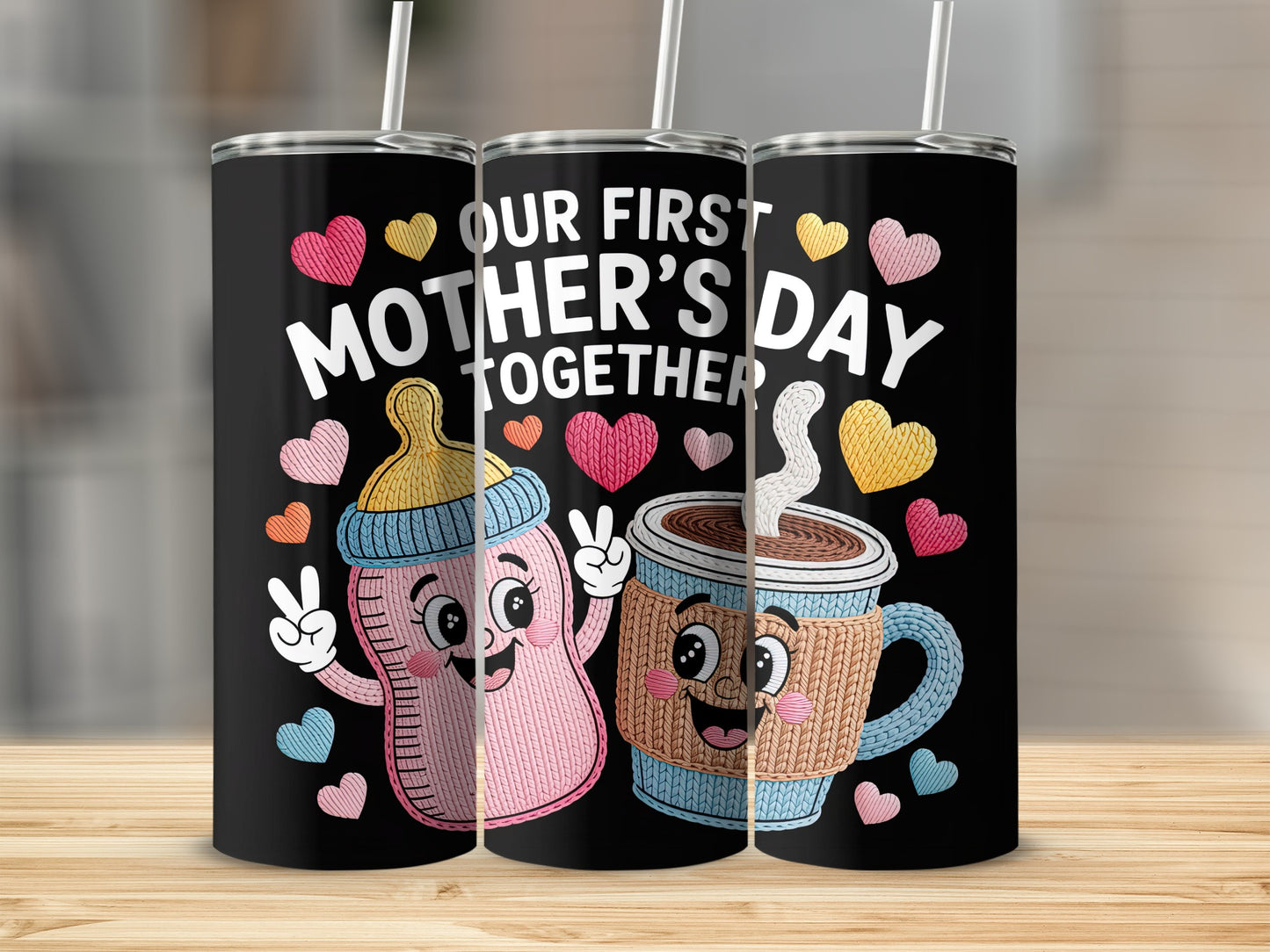 Two smiling cartoon baby bottles and coffee cups with "Our First Mother's Day Together" text.