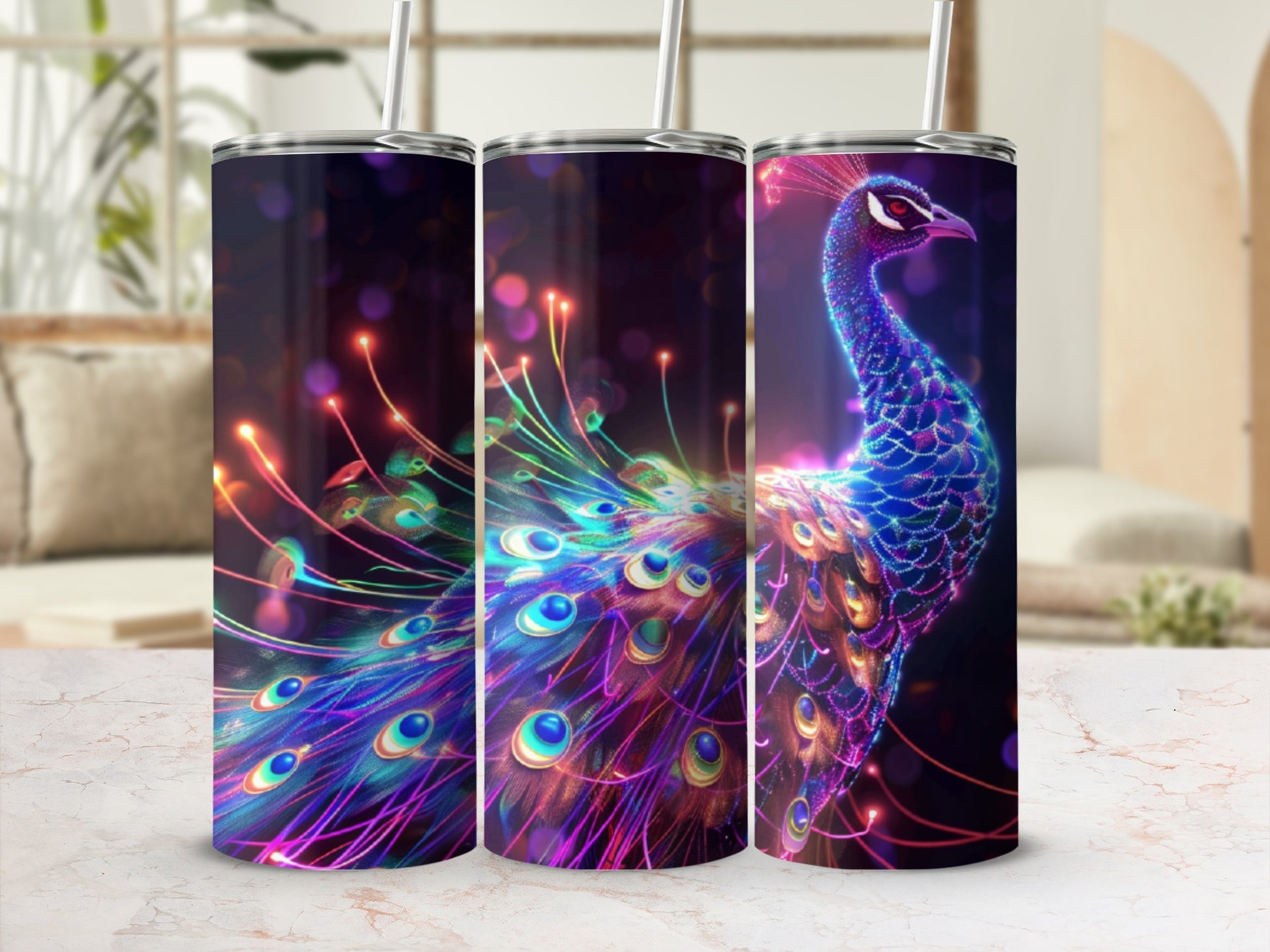 Three tumblers featuring a colorful peacock with glowing feathers against a bokeh background.