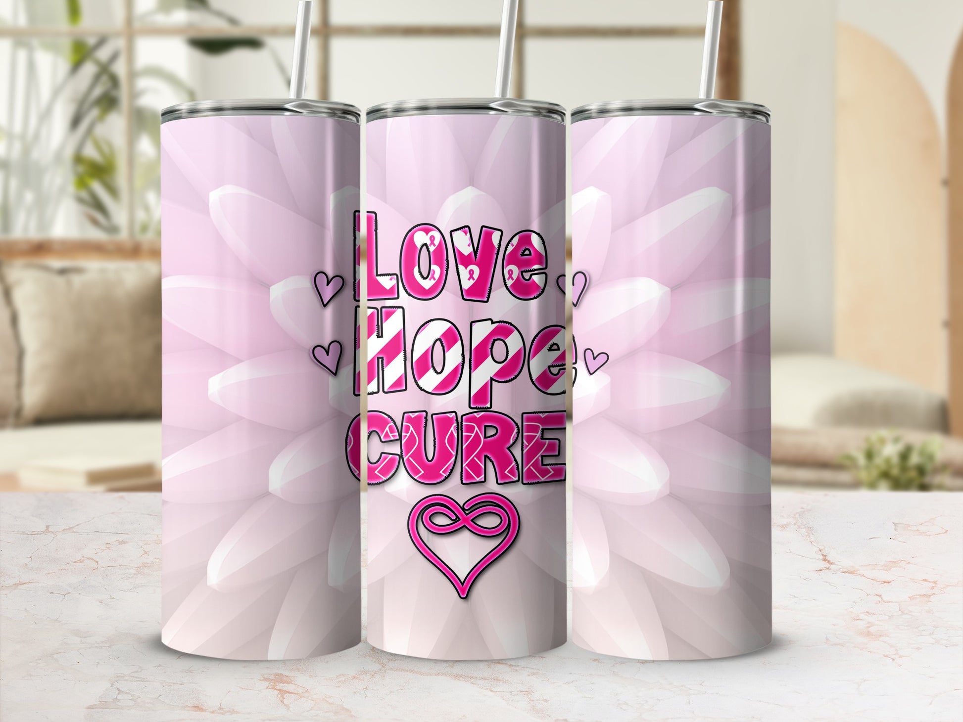 Pink floral tumbler with "Love Hope Cure" and a pink infinity heart.