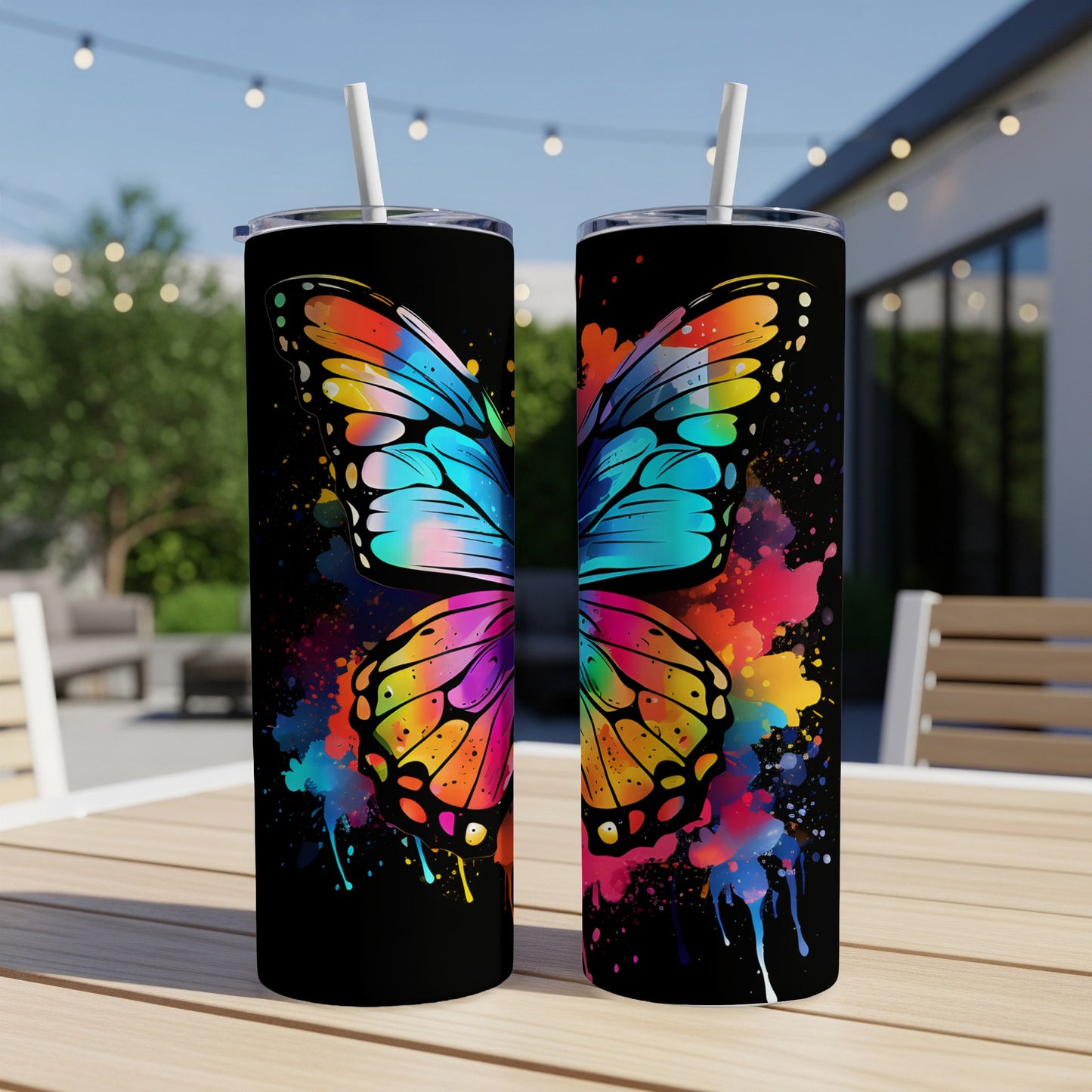 Two tall tumblers with colorful watercolor butterfly designs.