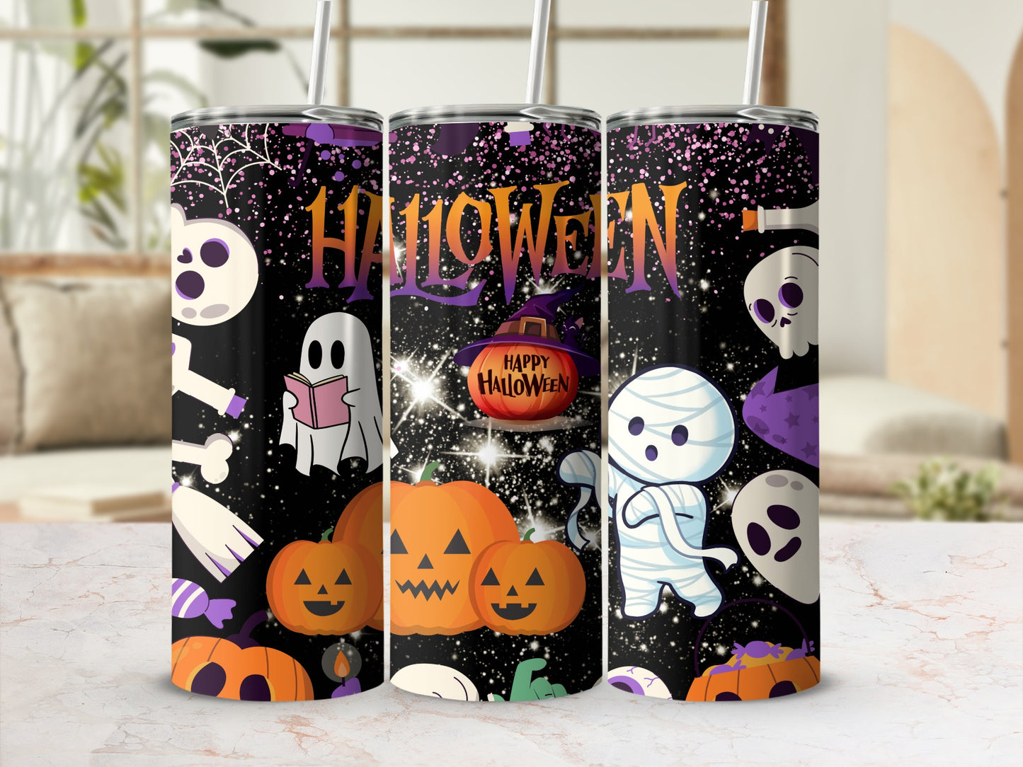 Halloween Themed Tumbler with Pumpkins and Ghosts