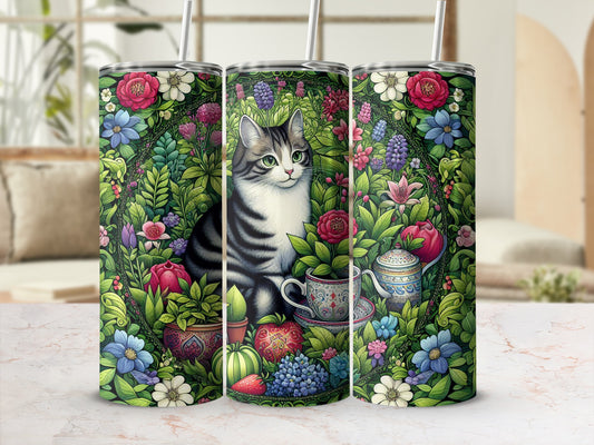 Triptych of kittens surrounded by floral tea party illustrations.
