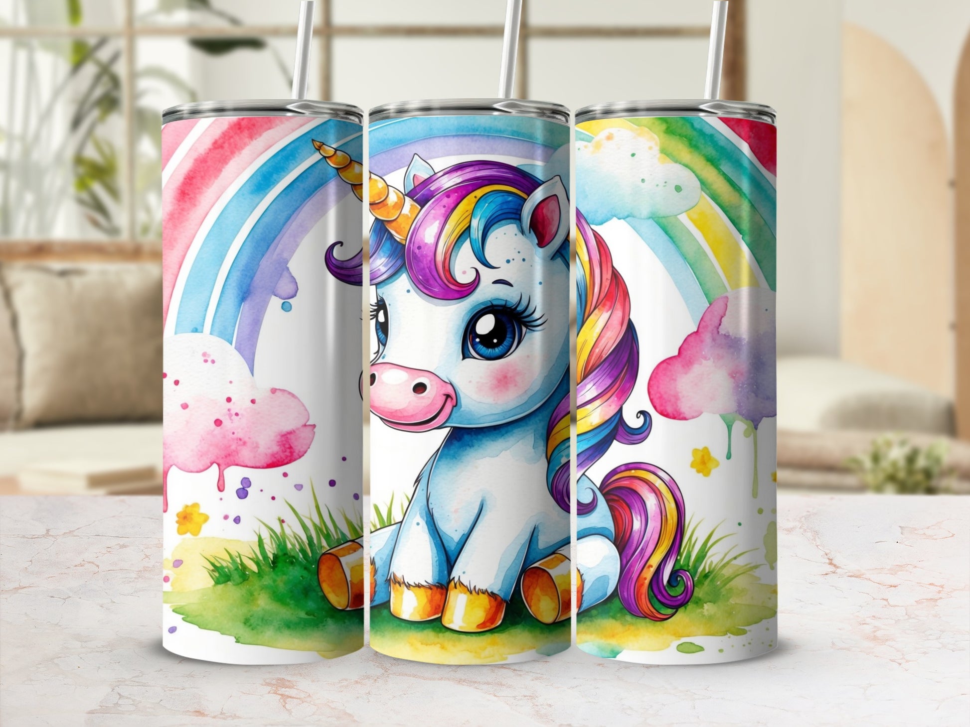 Unicorn with rainbow and clouds on a colorful tumbler.