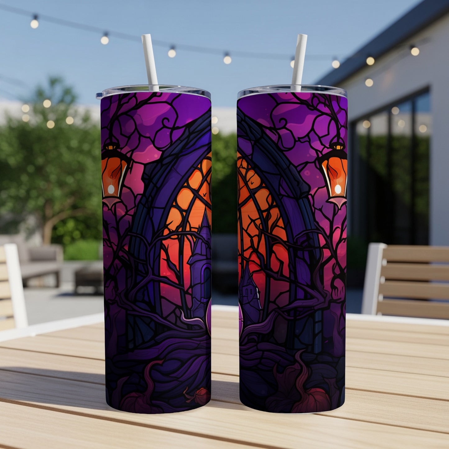 Halloween tumbler with stained glass, pumpkins, and spooky trees.