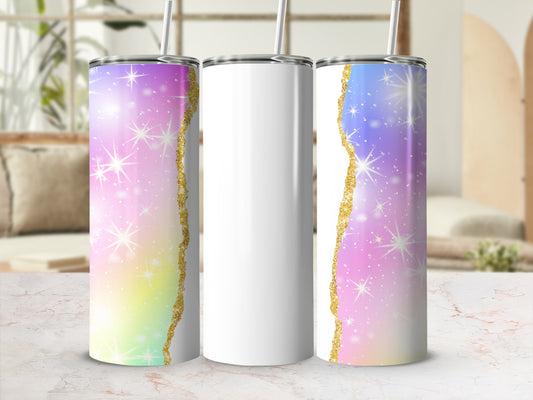 Three sublimation tumblers with pastel glitter galaxy design and gold edges.