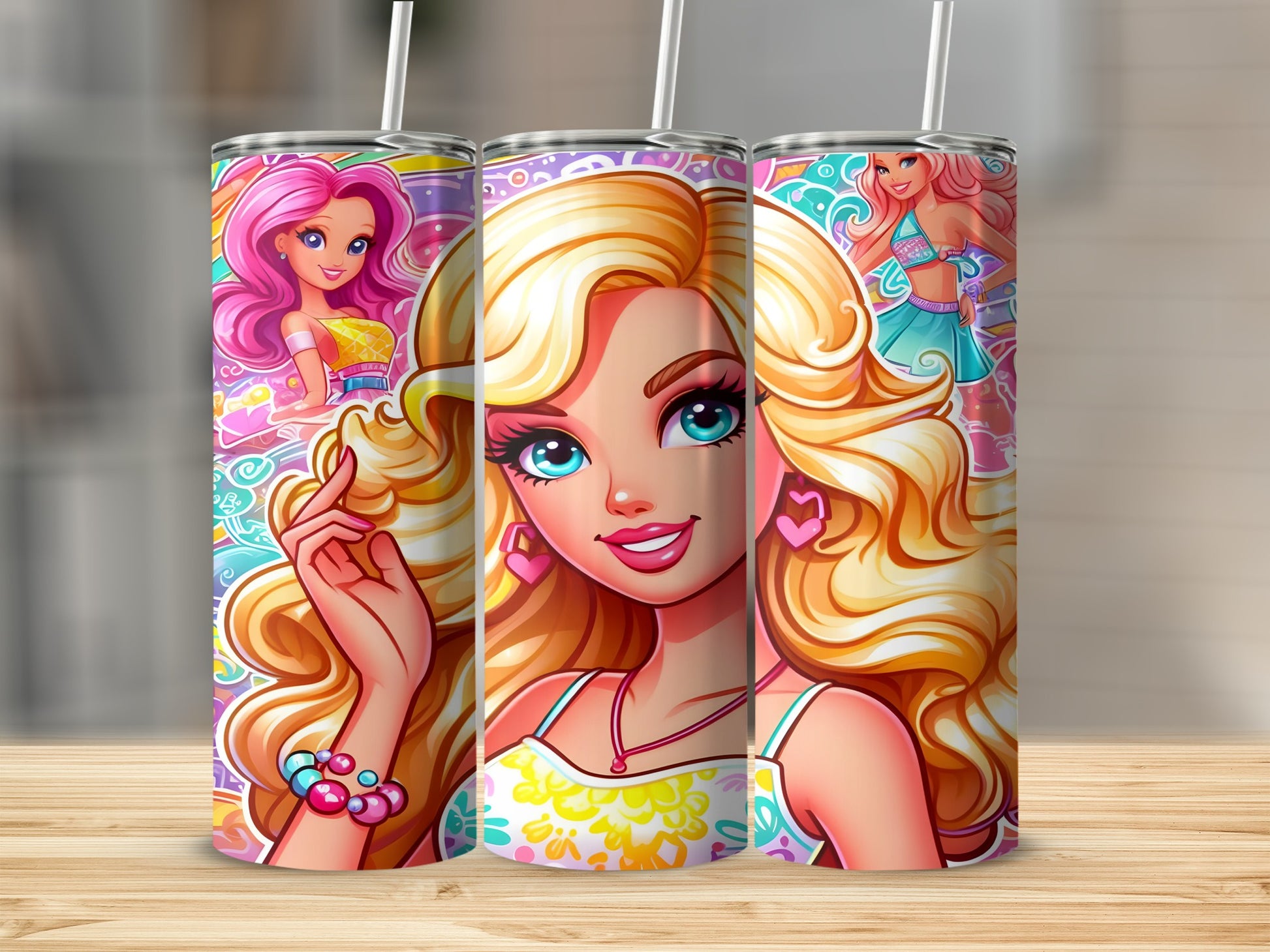 Three Barbie-themed tumblers with blonde, blue-eyed characters and colorful designs.
