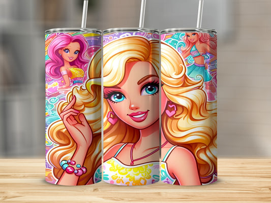 Three Barbie-themed tumblers with blonde, blue-eyed characters and colorful designs.