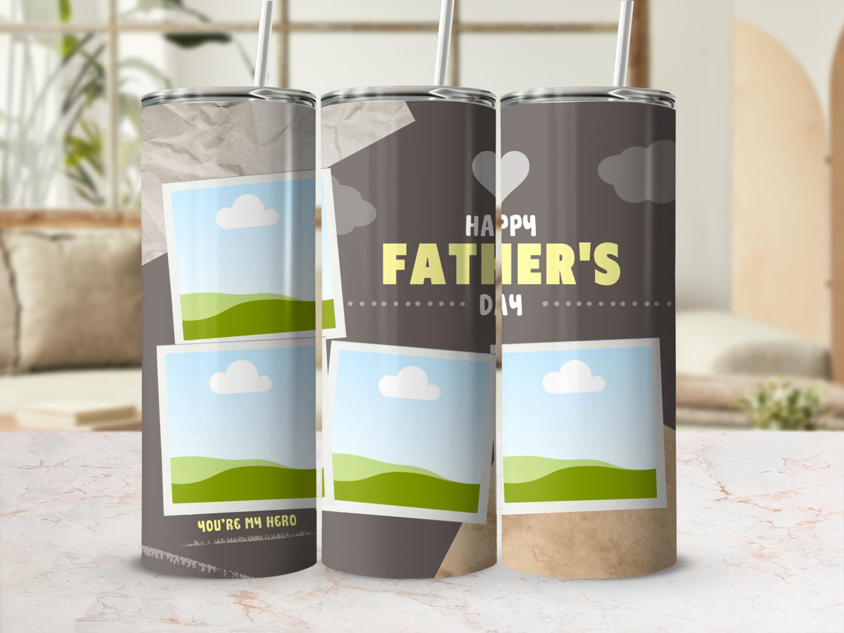 Happy Father's Day tumbler with photo placeholders and "You're My Hero" text.
