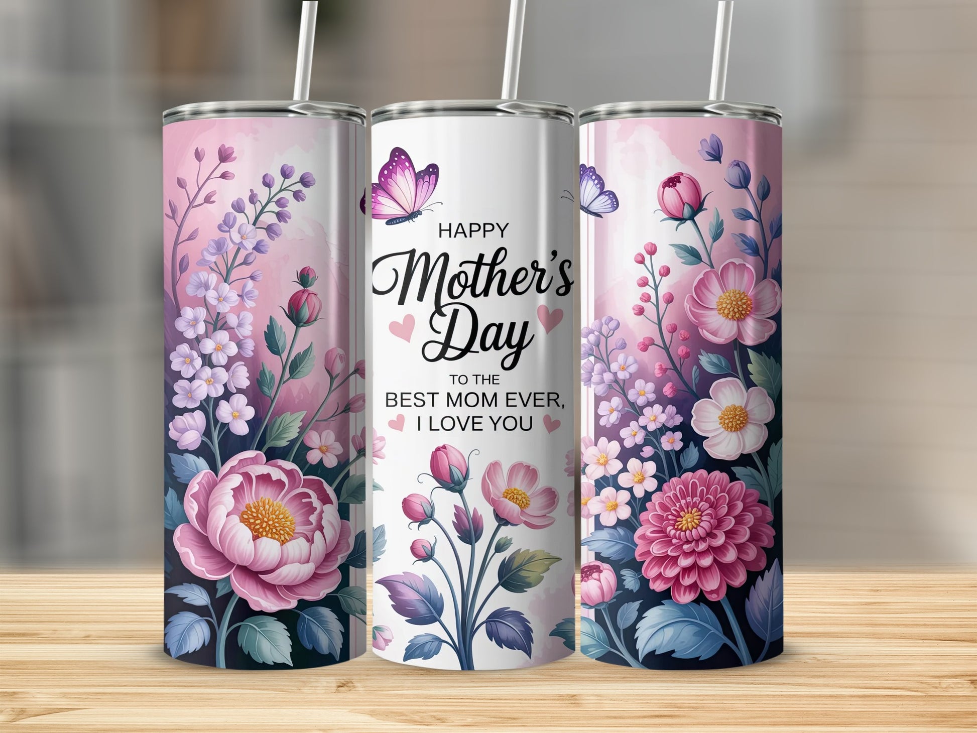 Mother's Day floral tumbler with butterflies and pink flowers.