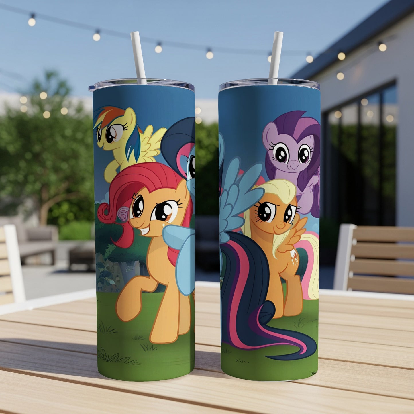 My Little Pony characters Pinkie Pie, Rainbow Dash, and Fluttershy on a blue background.