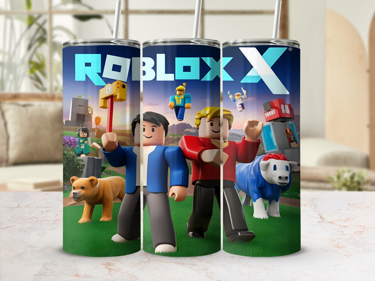 Roblox characters and dog on a tumbler with Roblox logo.